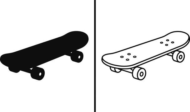Skateboard Outline Icon and Silhouette with Wheels and Trucks for Extreme Sports Recreation
