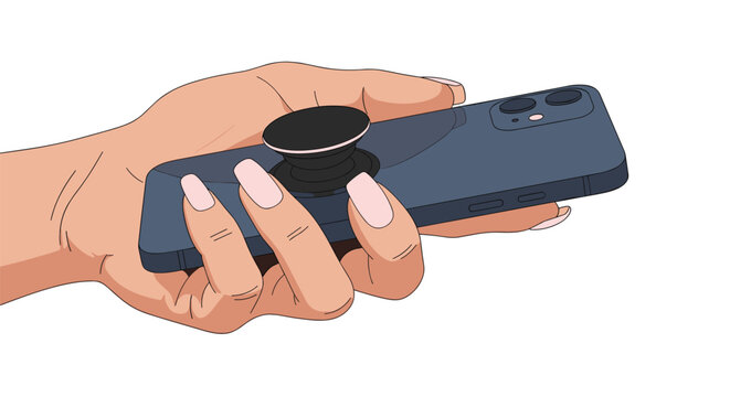 Close up of a female hand holding a dark blue smartphone equipped with a round black pop socket grip accessory.
