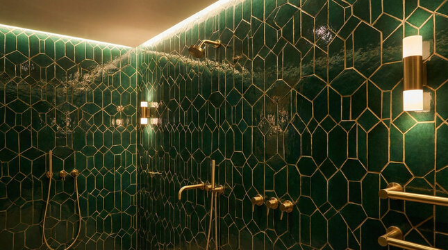 Art Deco Bathroom Tiles in Emerald and Gold Pattern. Luxurious geometric tile pattern in deep emerald green with gold grout lines and brass fixtures in soft ambient glow