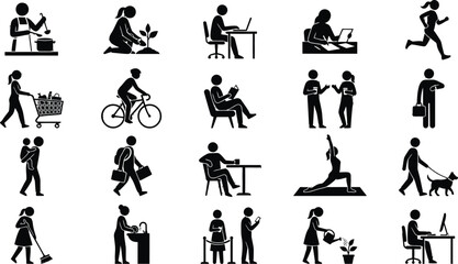 Obraz premium Black silhouette icons of people doing daily activities