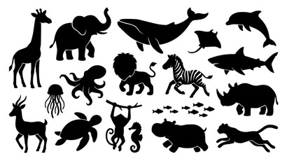 Wild Animal Silhouette Collection Featuring Giraffe Elephant Whale Dolphin Zebra Rhino and Marine Wildlife Icons © MstNadiya
