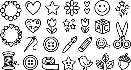 Black and white line art icons set with school and craft supplies © NasimaAktar