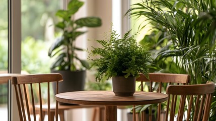 Fototapeta premium A small potted fern sits on a round wooden table surrounded by chairs and lush green plants near large