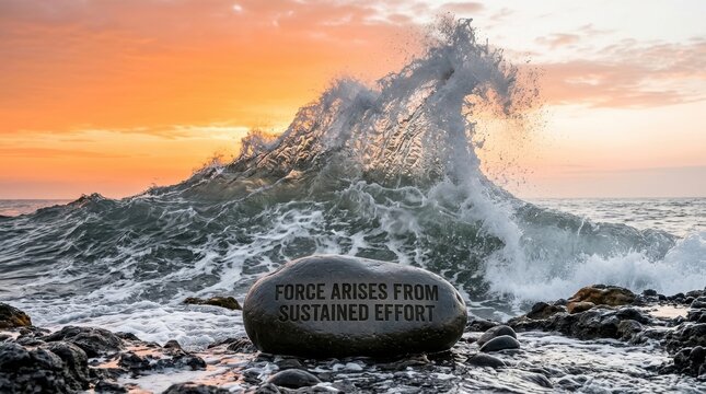 Inspirational rock with quote next to crashing ocean wave at sunset