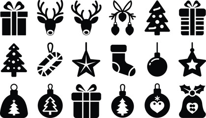 Naklejka premium Christmas holiday icons set with gifts ornaments and reindeer black and white silhouettes