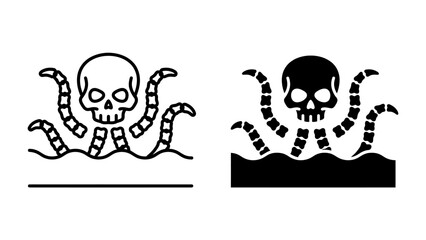 Skull and Octopus Iconography: Two stylized icons, one outlined and one filled, depict a skull emerging from wavy lines representing water, with tentacles of an octopus extending outward. © Asma