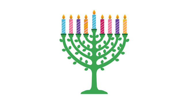 Creative green tree shaped menorah with colorful burning candles on a white background for Hanukkah celebration.