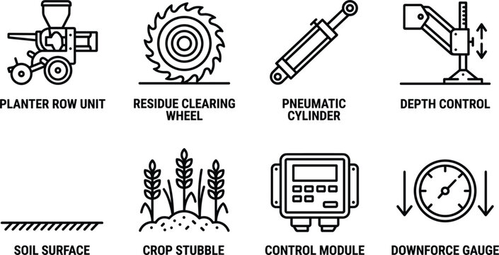 Agricultural planter machinery parts icon set featuring row unit depth control module clearing wheel gauge vector