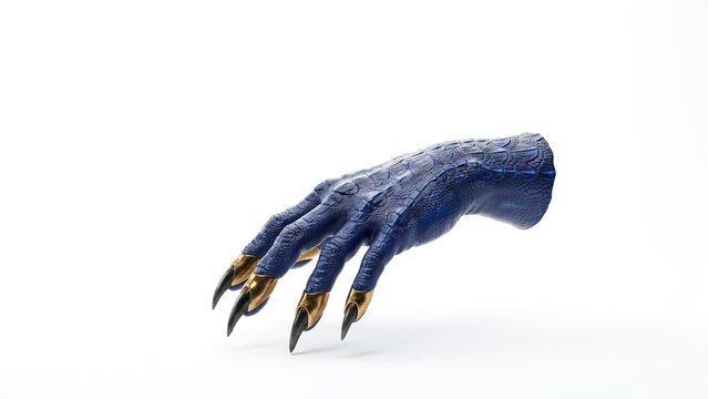 Detailed blue reptilian creature hand with sharp metallic gold claws reaching out on white background