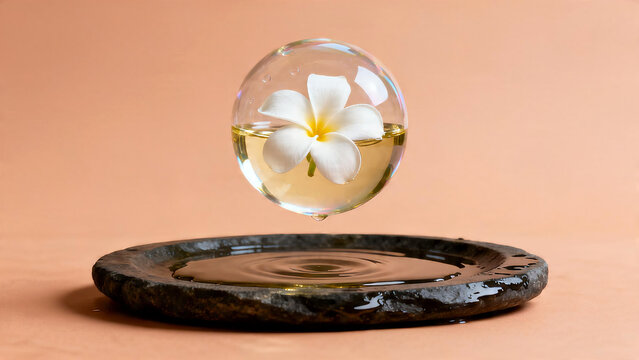  White frangipani flower floating inside levitating organic oil bubble