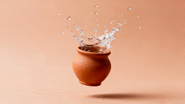 Floating miniature terracotta pot with water splash exploding
