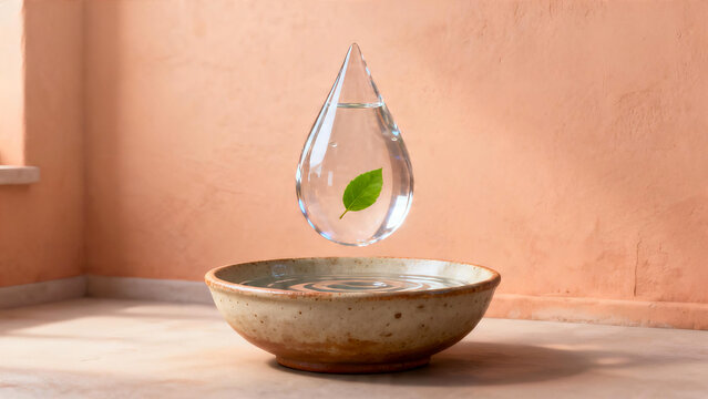  Levitating water droplet with green leaf inside above ceramic bowl