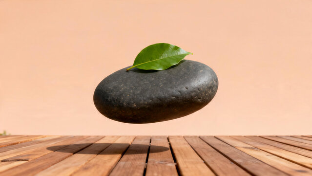 Levitating dark basalt spa stone with green leaf on top