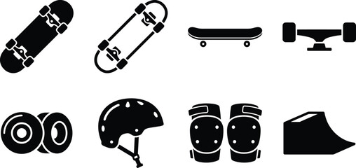 Black skateboard and protective gear icons © Md. Musaddik Rahman