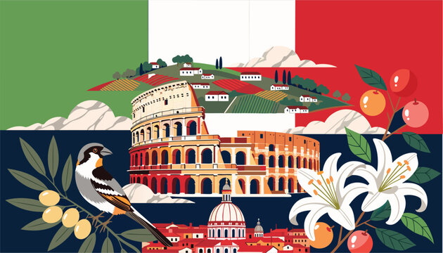 Adobe Illustrator Artwork vector illustration showcases the iconic landmarks, cultural heritage, and natural beauty of Italy, specifically highlighting the historic city of Rome.