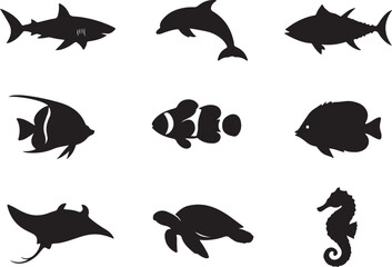 Marine animal silhouette collection with shark dolphin tuna and tropical fish isolated vector © Abdul
