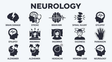 Fototapeta premium Set of neurology and brain disorder icons representing various medical conditions and neurological health issues.