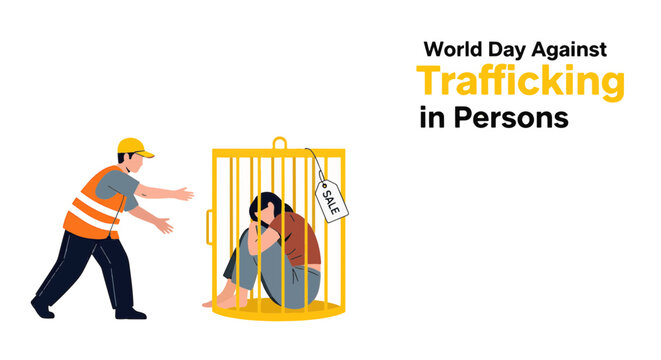 Stop human trafficking concept illustration with woman in cage and man offering support