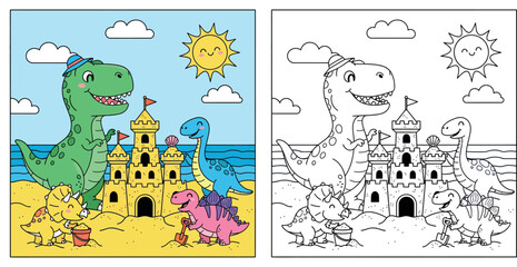 Happy Dinosaurs Building Sandcastle on Sunny Beach - Cute Cartoon Illustration for Kids' Summer Fun and Playtime © Dewan