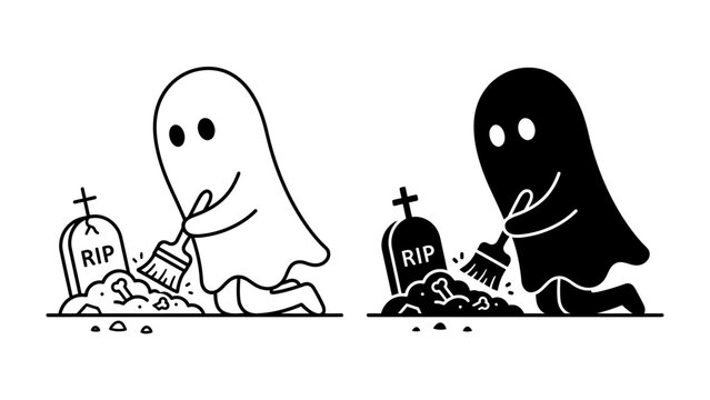 Halloween Ghost Cleaning Gravestone: A charming cartoon ghost diligently sweeps a pile of dirt near a tombstone marked RIP, depicted in both outlined and solid black versions.