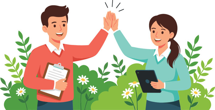 Happy young man and woman coworkers giving high five celebration gesture with tablet and clipboard surrounded by green plants flat vector illustration.