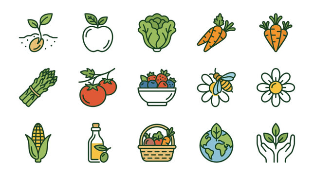 Fresh vegetables and fruits icons set.