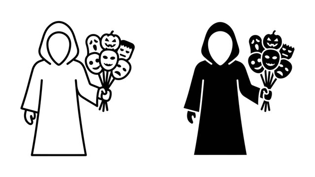 Figurine Holding Mask Bouquet: An icon representing a hooded figure clutching a bouquet of various expressive masks, including pumpkins and theatrical faces, symbolizing duality and hidden emotions.
