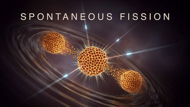 Spontaneous fission process of atomic nucleus with particles emission and swirling energy around glowing orange nuclei in dark space
