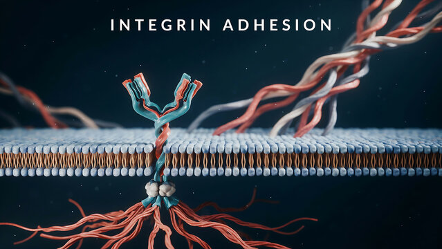 Integrin adhesion molecules binding to cell membrane and extracellular matrix proteins for cell signaling and communication processes