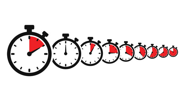 A row of decreasing size stopwatches showing time passing with red segments.