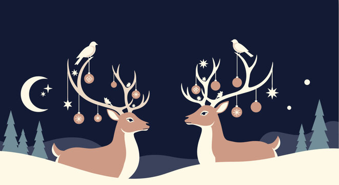 Two beautiful deer with decorated antlers facing each other in a magical winter forest at night under the crescent moon.