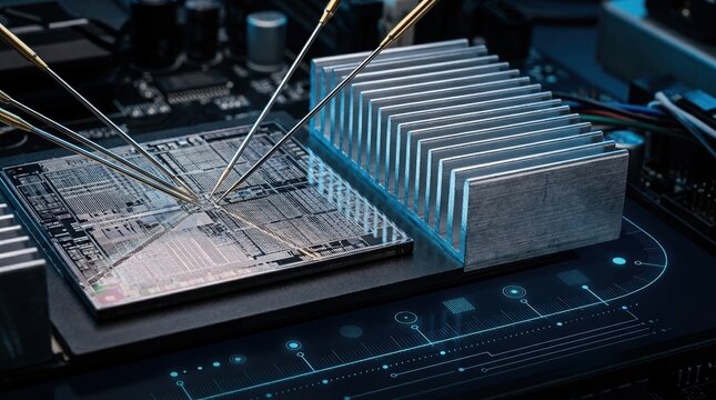 Close-up of a CPU die beside cooling fins, probe needles, and shrinking transistor patterns, with a subtle digital timeline suggesting continued scaling and faster computing.