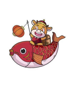 a character in the form of a cow riding a very large fish whilst holding a lantern
