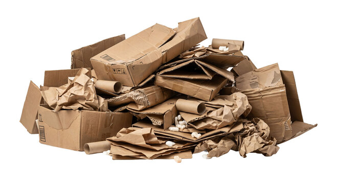 Large pile of discarded cardboard boxes and paper waste PNG on white background with PNG on white background