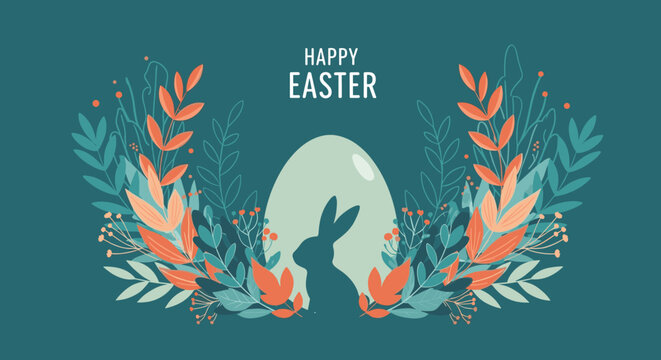 Happy Easter greeting card showing a dark rabbit silhouette inside a large egg surrounded by colorful spring plants.