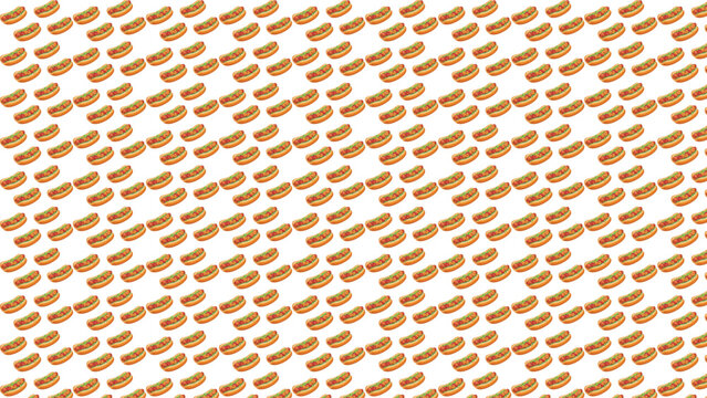 Seamless repeating taco pattern with orange shells filled with lettuce and meat arranged diagonally on white background vector art design