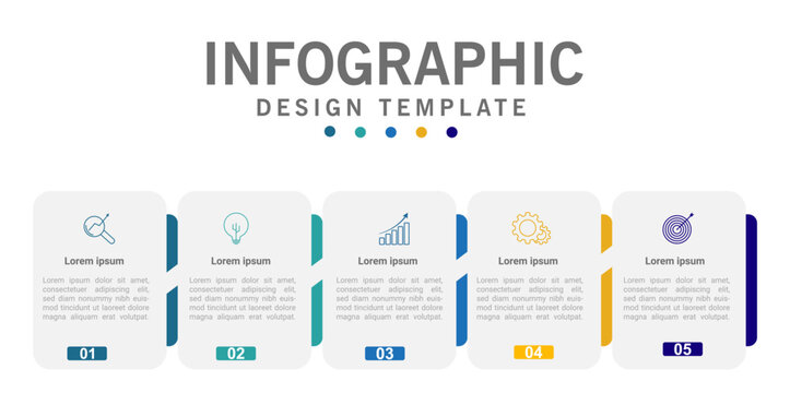 Modern business infographic template featuring five step workflow process layout with editable icons for presentation design