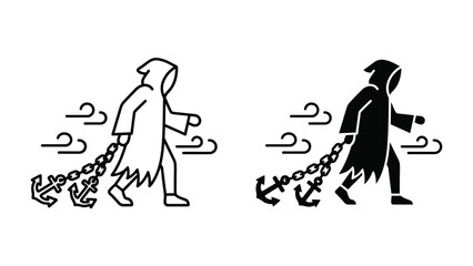 Obraz premium Symbol of Despair: A hooded figure, representing an abstract concept or entity, drags a heavy anchor chained to its leg, symbolizing burden or inescapable fate.