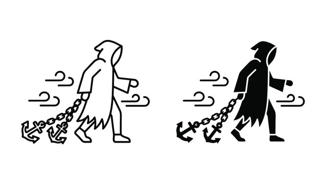 Symbol of Despair: A hooded figure, representing an abstract concept or entity, drags a heavy anchor chained to its leg, symbolizing burden or inescapable fate.