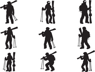 Naklejka premium Skiers silhouettes set 4 with male and female characters holding skis poles and winter gear vector