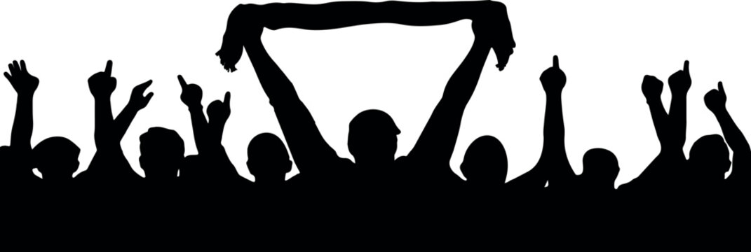 Happy cheering Crowd of people silhouette cheering group football fans raising hands sport event