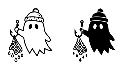 Ghost Fisher With Catch: A whimsical cartoon ghost character dressed in a knitted hat, proudly holding a fishing hook with a net containing dripping water, representing a successful fishing trip. © harunar