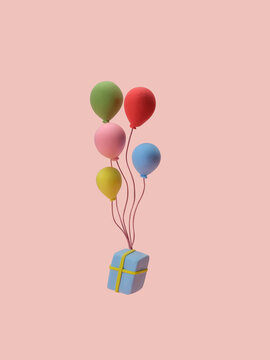 A delightful surprise gift box floats upwards, carried by balloons