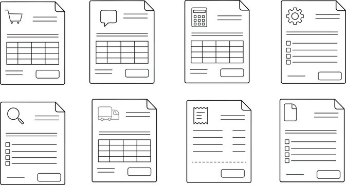 Business document template set with line art paper sheets tables and office record layouts