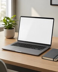 Fototapeta premium Open Laptop Computer on Table with Blank Screen for Business Technology Workspace Mockup