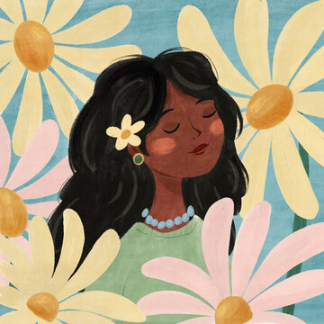 Young woman surrounded by over sized flowers
