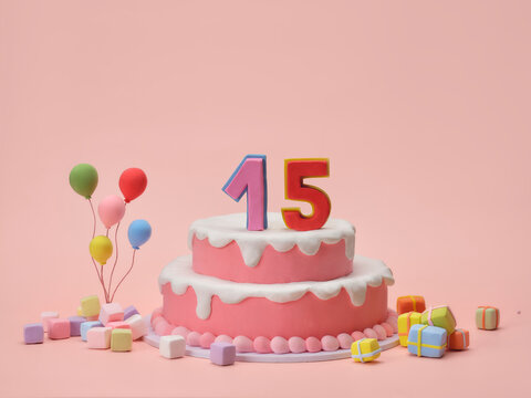 Festive two-tier birthday cake with number 15 candles and balloons