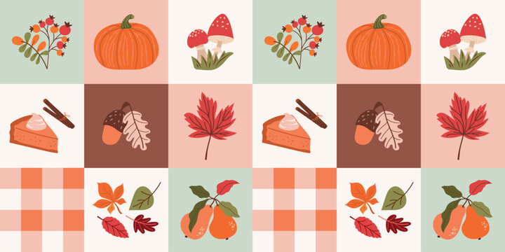 Autumn fashion seamless patchwork pattern. Set of hand-drawn autumn elements. Vector design for fabric, wallpaper, wrapping paper, and more.