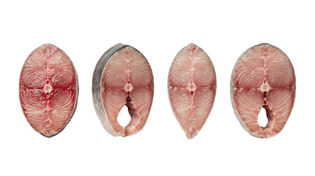 Four raw king mackerel fish steaks PNG on white background with mackerel, nutrition PNG on white background