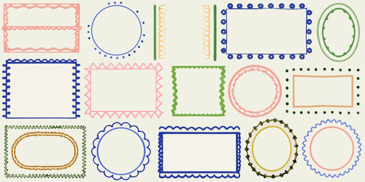 collection of colorful hand drawn frames on beige background illustration border rectangle oval scalloped edge zigzag dotted line vector pattern design